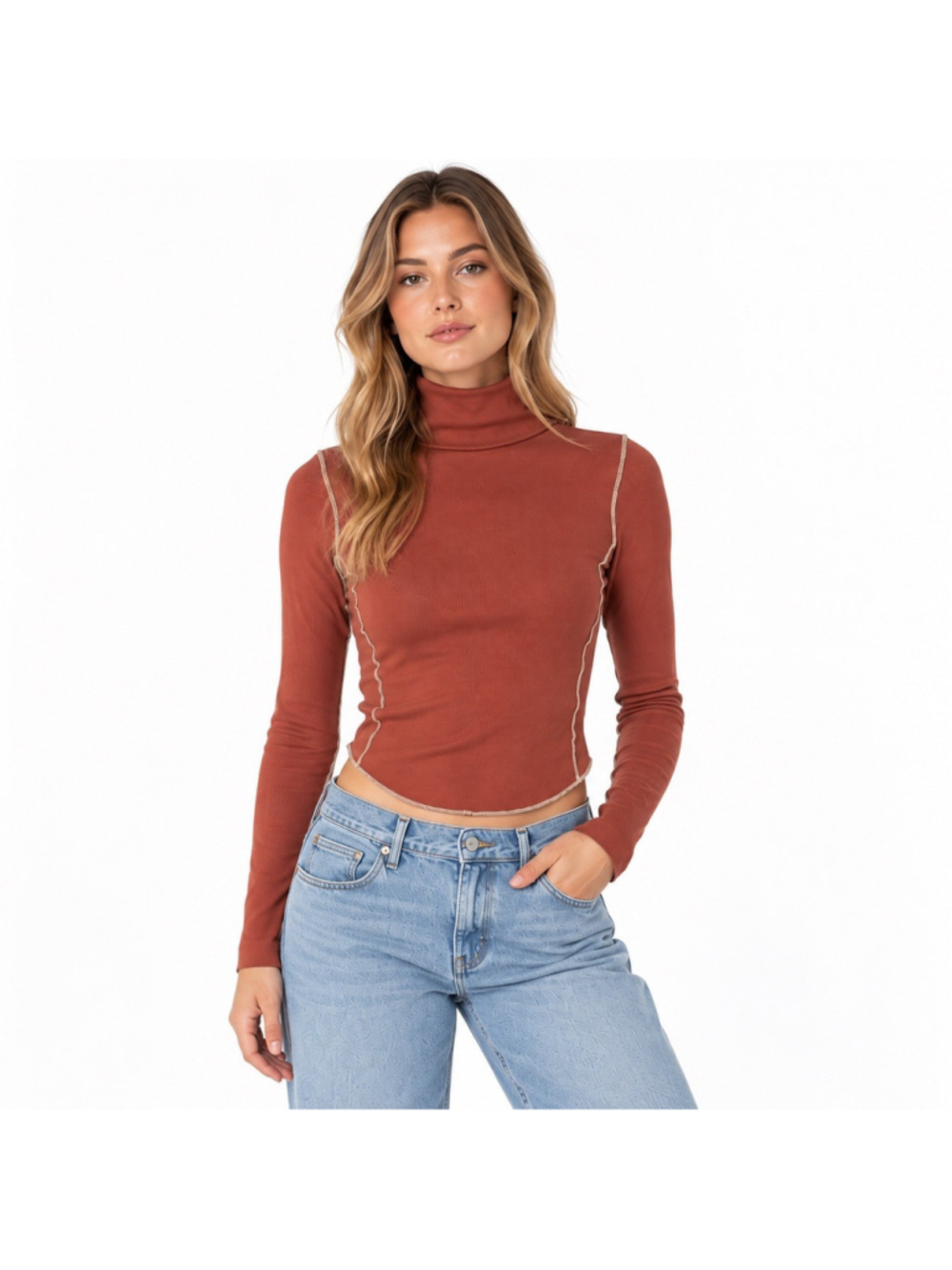 BDG Tyla Turtleneck Top Small Brown Exposed Seam Cropped Long Sleeve